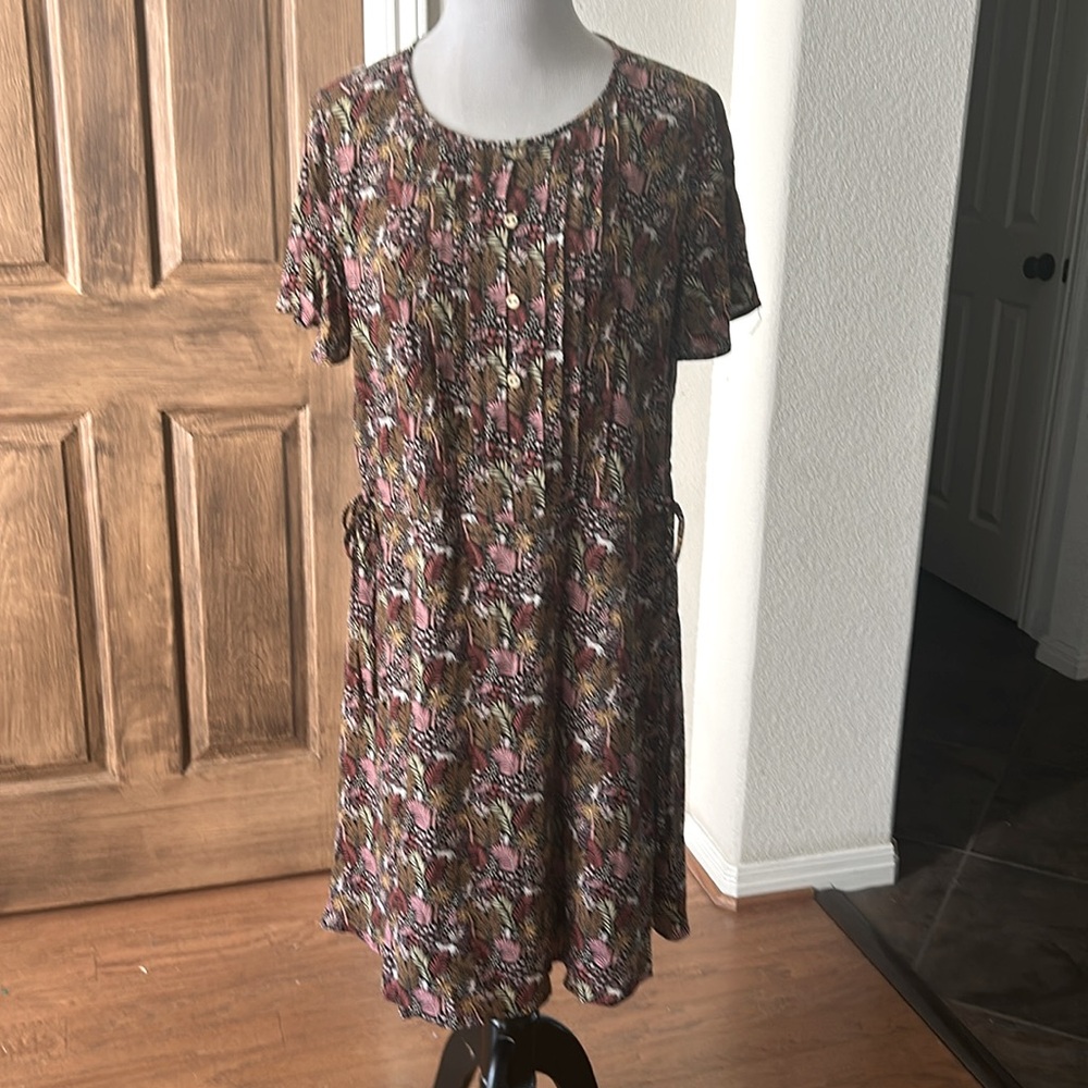 Ann Taylor LOFT Paradise Lost Jungle Safari Dress Pintuck Size Large Brown Pink - Picture 2 of 13